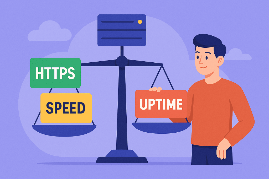 A man holds a scale with HTTPS and Speed ​​on one side and Uptime on the other.
