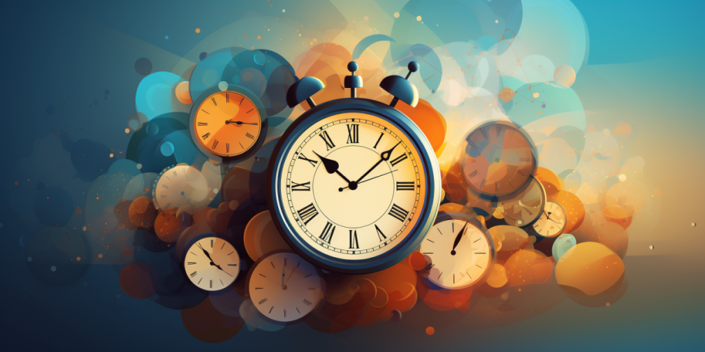Alarm clock and several clocks among bright abstract shapes.