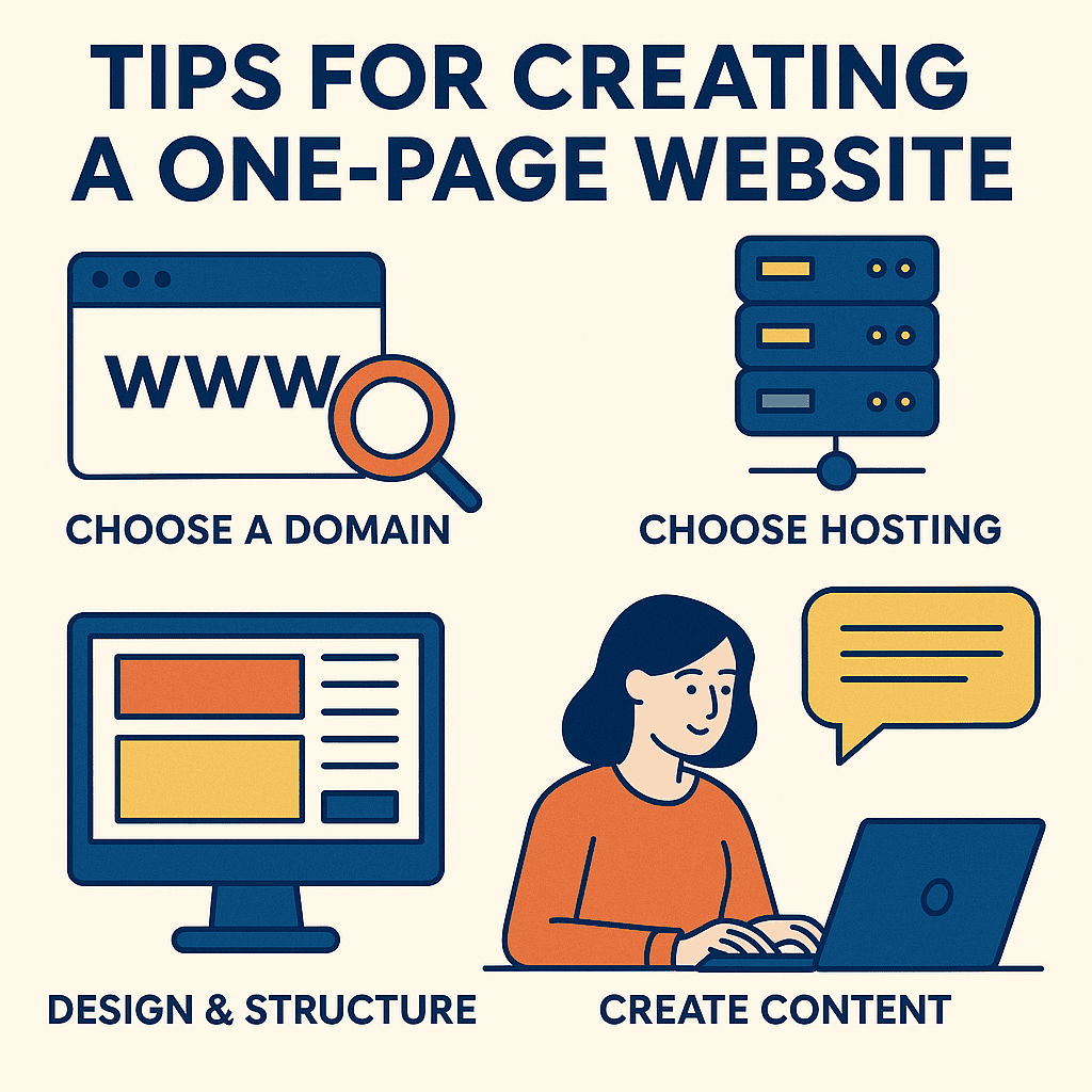 Infographic with four illustrated steps for building a one-page website: choosing a domain, choosing hosting, designing and structuring the page, and creating content.