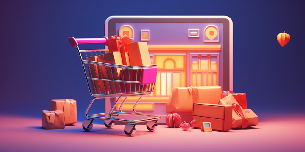 Shopping cart with boxes and packages standing near a digital storefront.