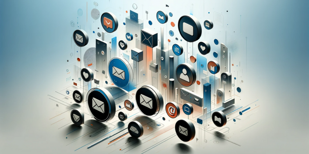 Email, messaging, contact and social media icons in a dynamic composition.