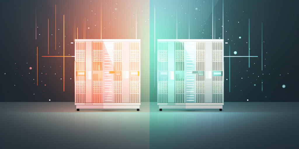 Two servers with different colored lights on a dark background.