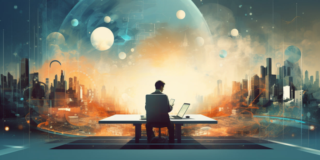 A man at a table with a laptop against a backdrop of a futuristic city and planets.