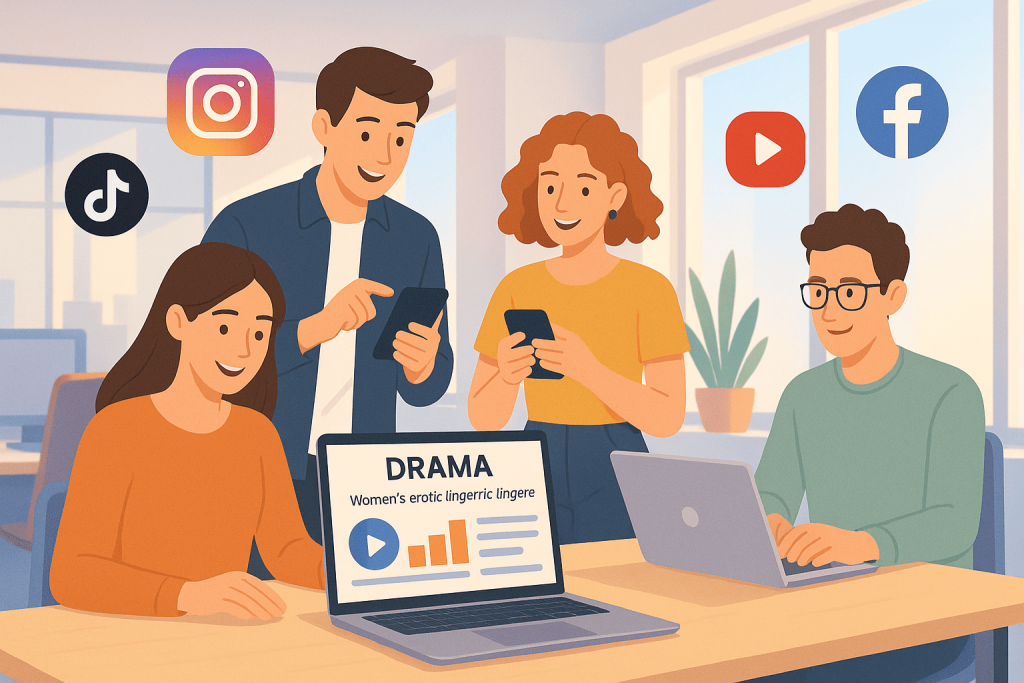 A group of young people working with laptops and smartphones in an office. A presentation with a graph and the word “DRAMA” is shown on the laptop screen. Around are the logos of TikTok, Instagram, YouTube and Facebook, symbolizing social networks.