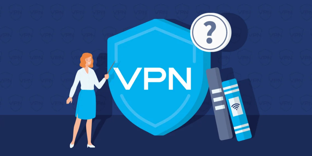 A woman next to a VPN shield and a question mark.