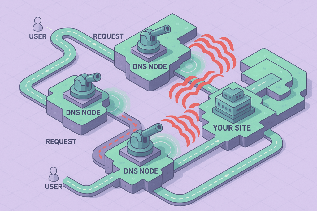 Schematic of routing user requests through multiple DNS nodes to a site using Anycast.