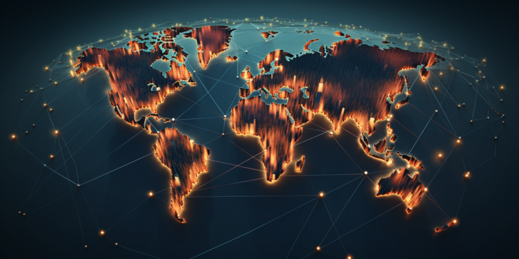 World map with highlighted continent outlines and network connections.