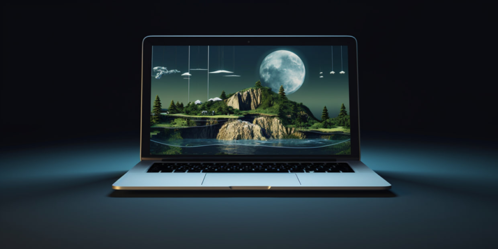 Laptop with an image of an island, a waterfall and the moon on the screen.