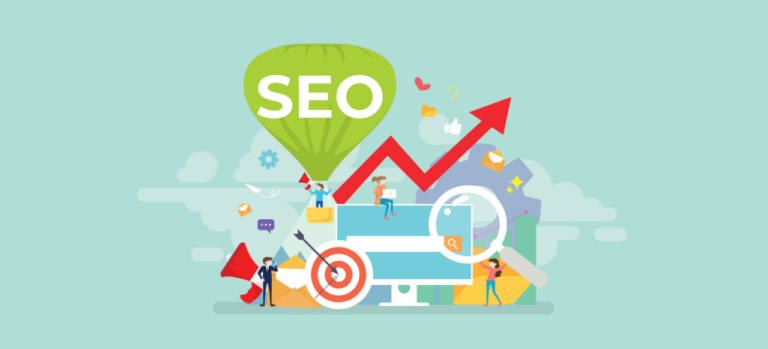 SEO optimization with charts, arrows, and magnifying glass symbolizing website growth.