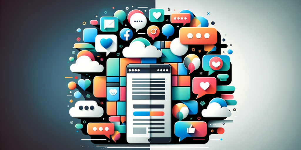 Smartphone with website open surrounded by social media icons, clouds and messages.