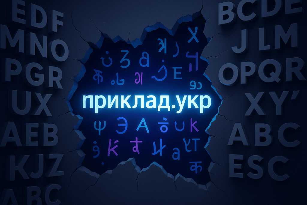 Glowing inscription "приклад.укр" among symbols of different languages, breaking through the wall of Latin letters.