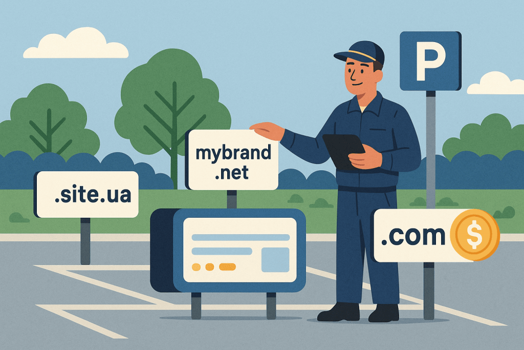 A man in a uniform stands in a parking lot among signs with domain zones .site.ua, .net, .com, symbolizing domain parking.