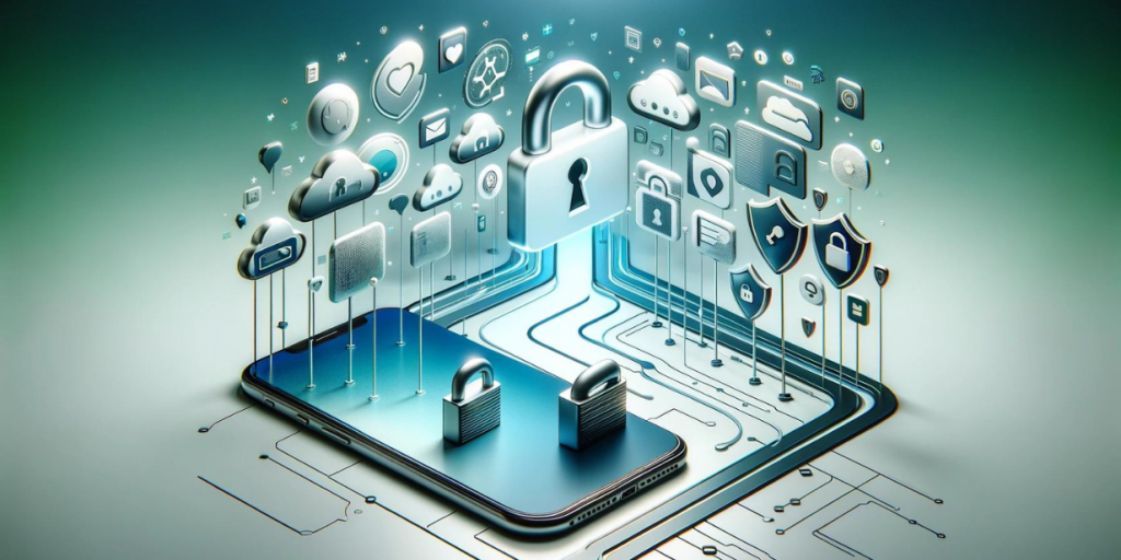 Smartphone with digital locks and messenger, cloud, shield and profile icons representing data protection.
