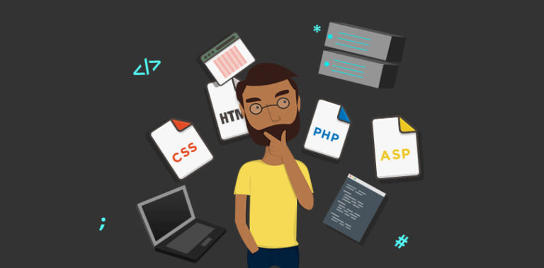 A man surrounded by programming languages and IT tools like CSS, HTML, PHP, ASP, and servers.