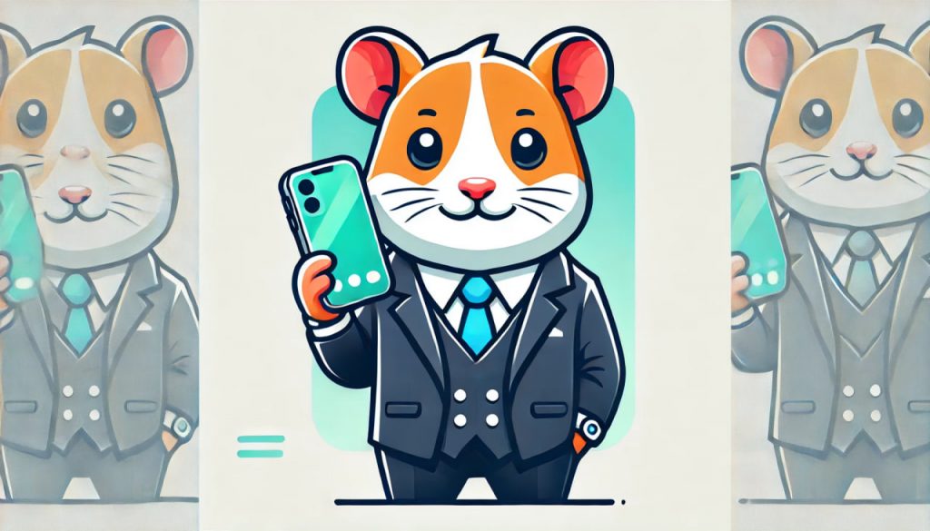 A cartoon hamster in a business suit and tie holds a green-screen smartphone in its paw.
