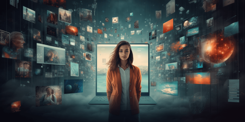 A woman stands in front of a large laptop screen, surrounded by numerous photos and videos, symbolizing user-generated content.