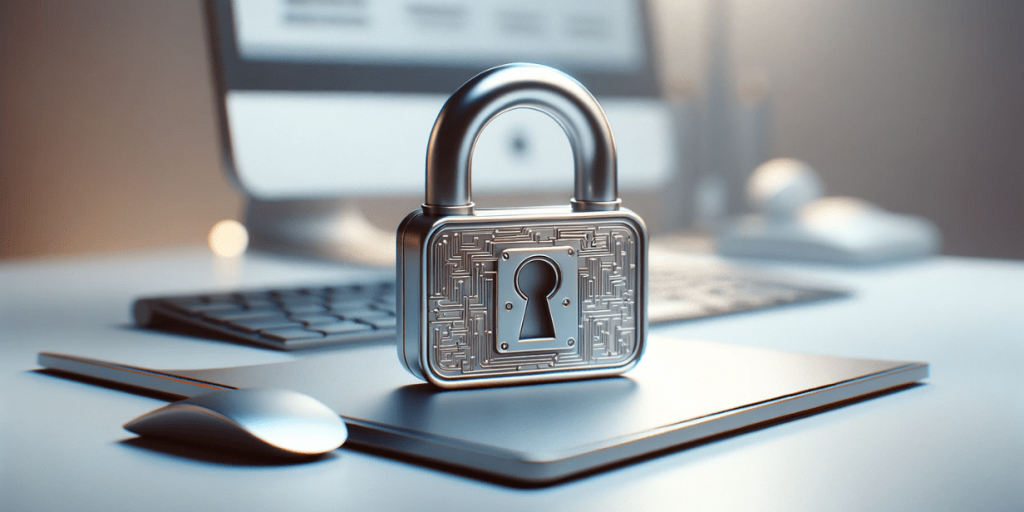 A silver lock with a digital pattern on the case, located on a laptop next to the mouse and keyboard, as the personification of data security.