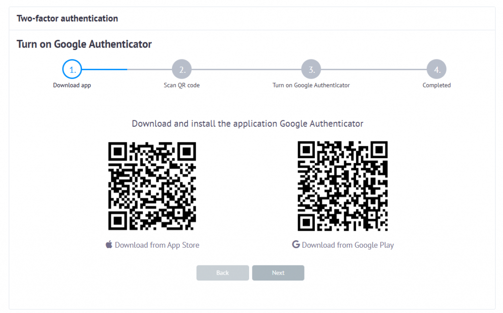 Set up two-factor authentication using Google Authenticator and QR codes.