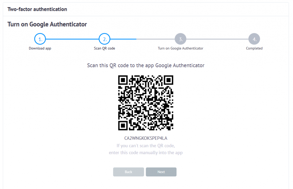 Two-factor authentication setup page with QR code for Google Authenticator.