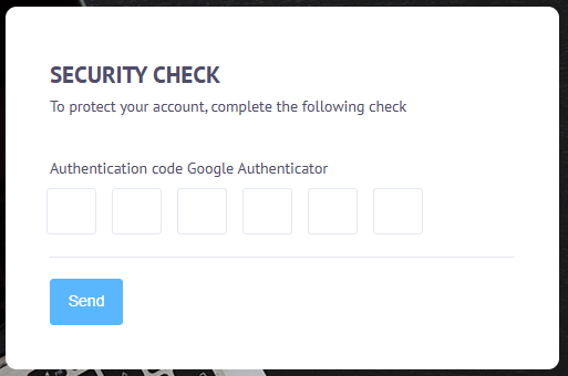 Google Authenticator code entry form for security verification.