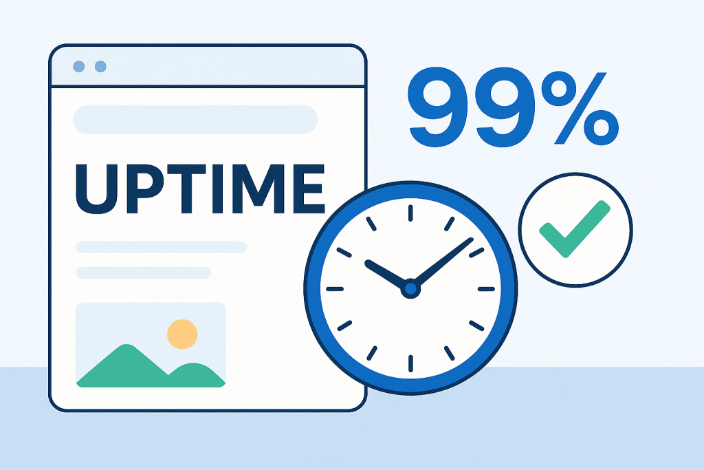 Screen with the words "UPTIME", next to a clock, the number 99% and a green check mark.