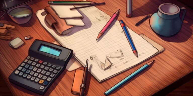 Calculator, notebook, and pencils on a desk for accounting and financial planning.