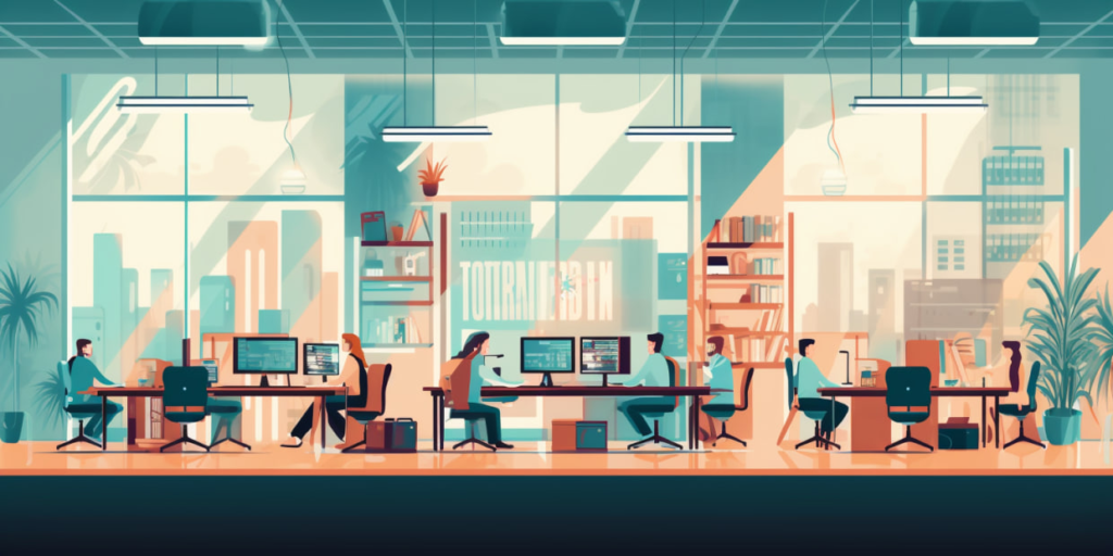Modern office with employees working at computers providing technical customer support.