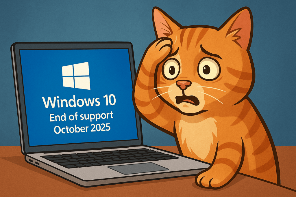 A cat with a surprised expression looks at a laptop with a message about the end of support for Windows 10 in October 2025.