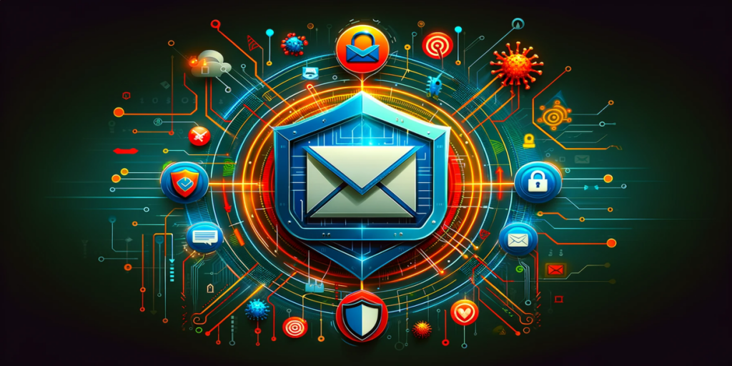 Blue shield with an envelope symbol in the center, surrounded by icons of locks, viruses, messages, and flowcharts.