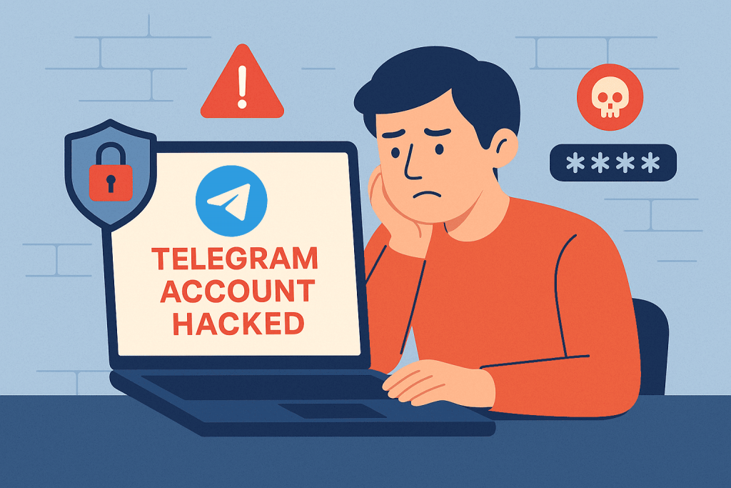 A man in a red sweater sits at a laptop with the message "Telegram account hacked," surrounded by password, skull, and lock icons.