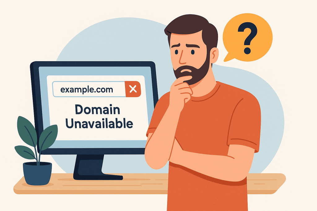 A sad man stands near a monitor showing a message that the domain is unavailable.