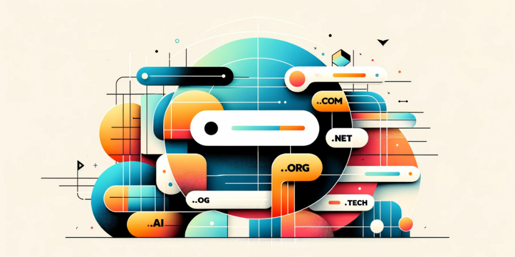 Stylized image with colorful shapes and domain zones .com, .net, .org, .ai, .tech.