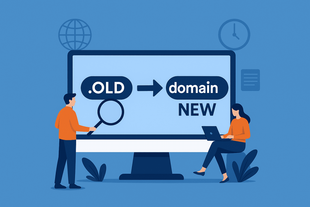 A screen with an inscription about the transition from an old domain (.OLD) to a new one (domain NEW), next to a man with a magnifying glass and a woman with a laptop.
