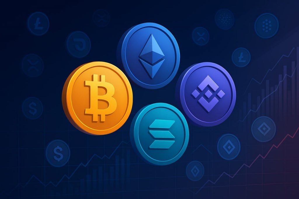 Gold Bitcoin, Blue Ethereum, Turquoise Solana and Purple Binance Coin on a dark background with graphs.