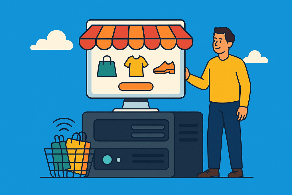 A man stands at a large computer with a screen in the form of a shop window, on which a bag, a T-shirt and shoes are depicted. A shopping cart stands next to the server.