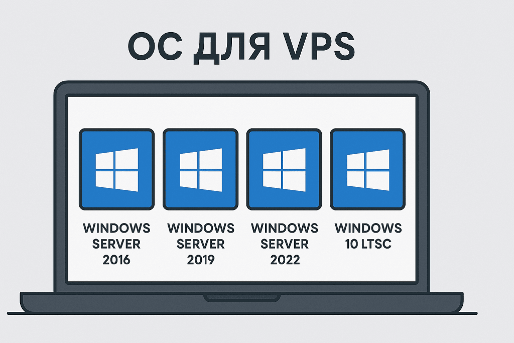 Laptop with four Windows logos, representing Windows Server 2016, 2019, 2022 and Windows 10 LTSC.