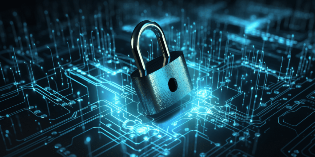 A metal lock against a digital scheme with blue backlight.