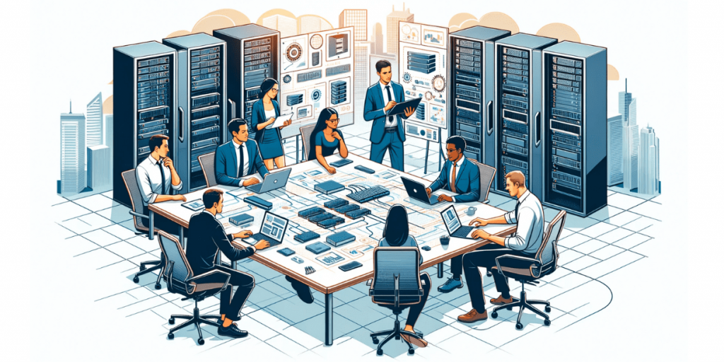 A team of specialists work at a large table in a server room, surrounded by racks of equipment and monitors with technical data.
