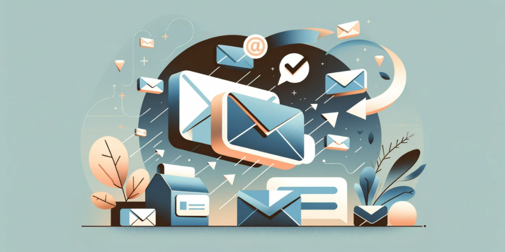 Stylized email envelopes floating in the air, among icons and decorative elements.