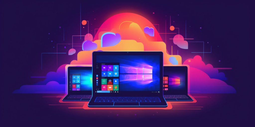 Windows laptops against the background of a cloud service as a symbol of a VPS virtual server.