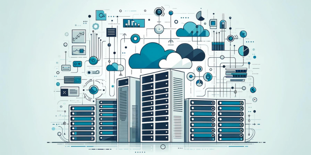 A modern data center with servers and numerous cloud service icons, locks, and graphs emphasizing protection and control.