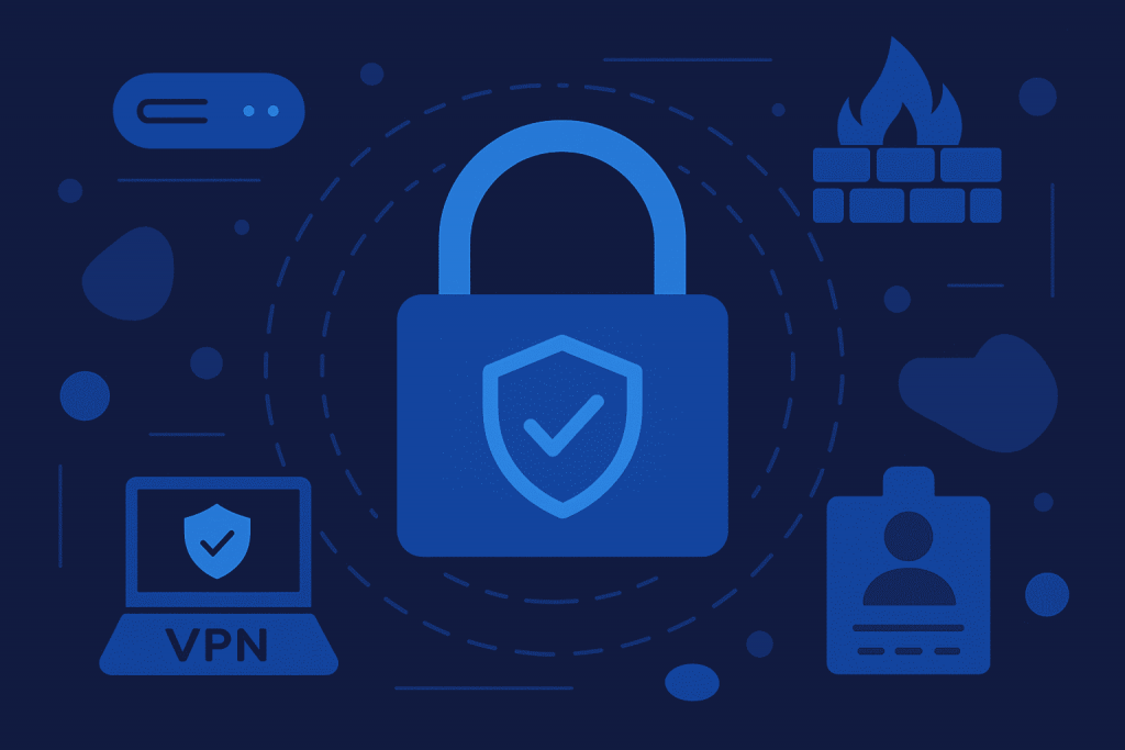 A lock with a check mark in the center, around the VPN, firewall, server and ID card icons, symbolizing protection.