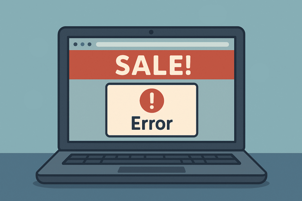 An error message appears on the laptop screen during a sale.