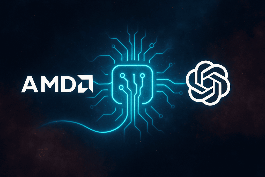 AMD and OpenAI logos connected by a stylized chip, symbolizing collaboration in the field of artificial intelligence.
