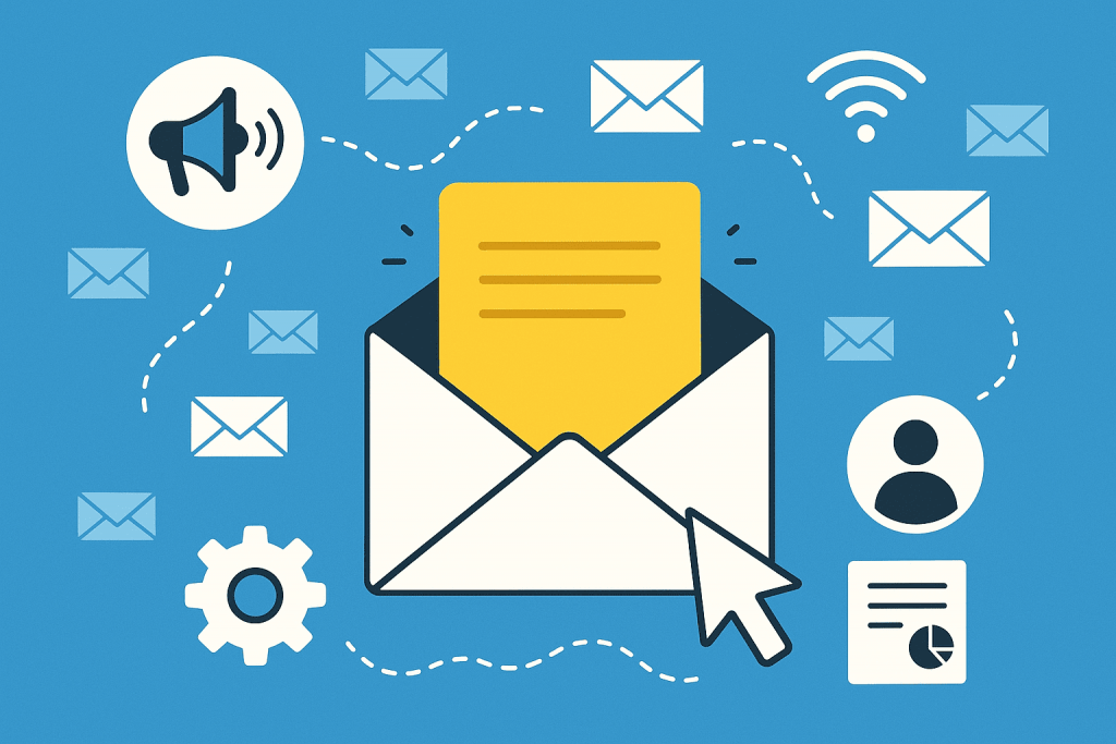 Open envelope icon with letter and mailing symbols around.