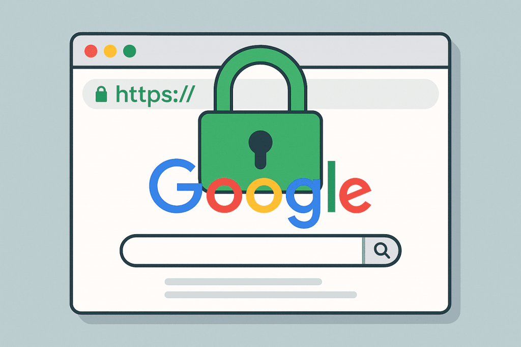 A browser with a green lock and the words HTTPS in the address bar, symbolizing a secure connection and trust on the Internet.
