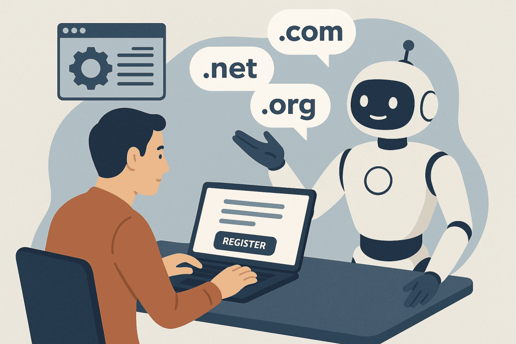 A person registers a domain using a robot with artificial intelligence elements.