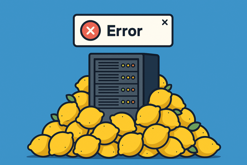 A server surrounded by a bunch of lemons with an error message hanging above it.