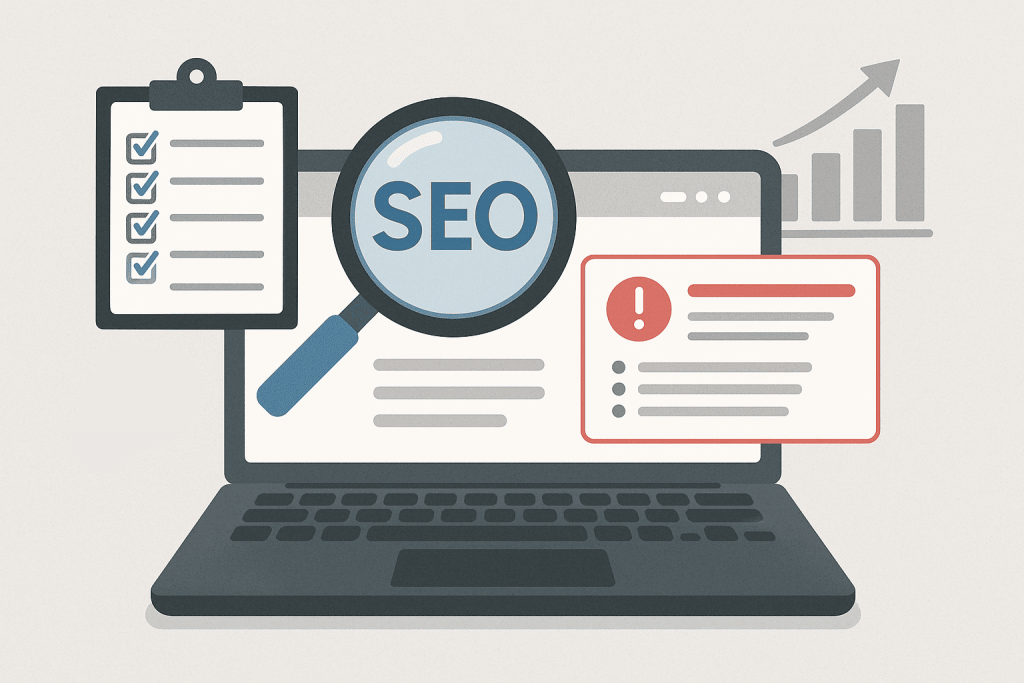 Laptop with magnifying glass with SEO inscription, checklist, error warning and growing graph on background.
