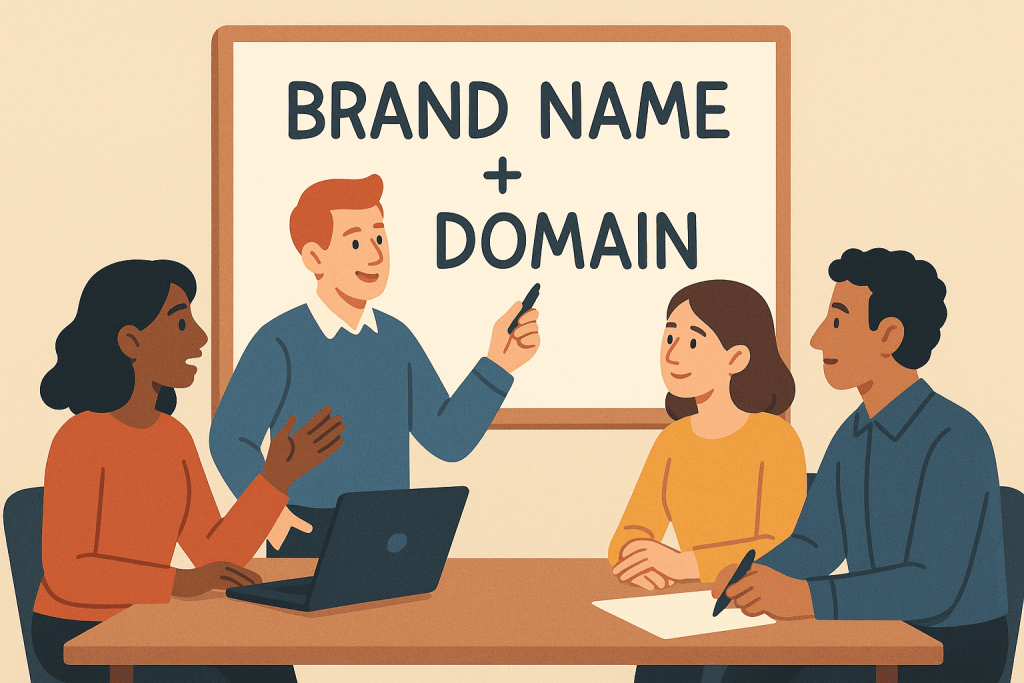 The team discusses the choice of brand name and domain in a meeting.